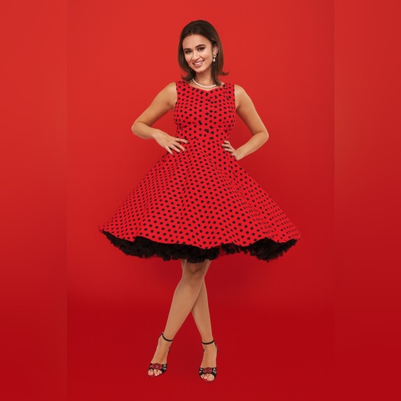 Unique Vintage Orchid Bloom 1950s Red & Black Polka Dot Fit & Flare Swing Dress - Picture 8 of 16